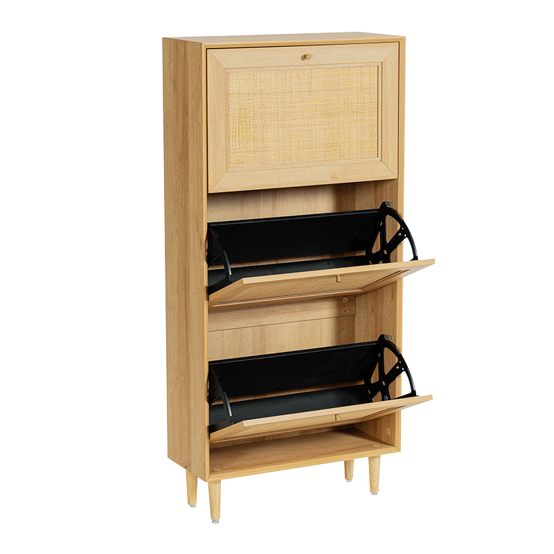 Kulay ng Kahoy na Three-Door Rattan Wood Shoe Cabinet (Y-C39)