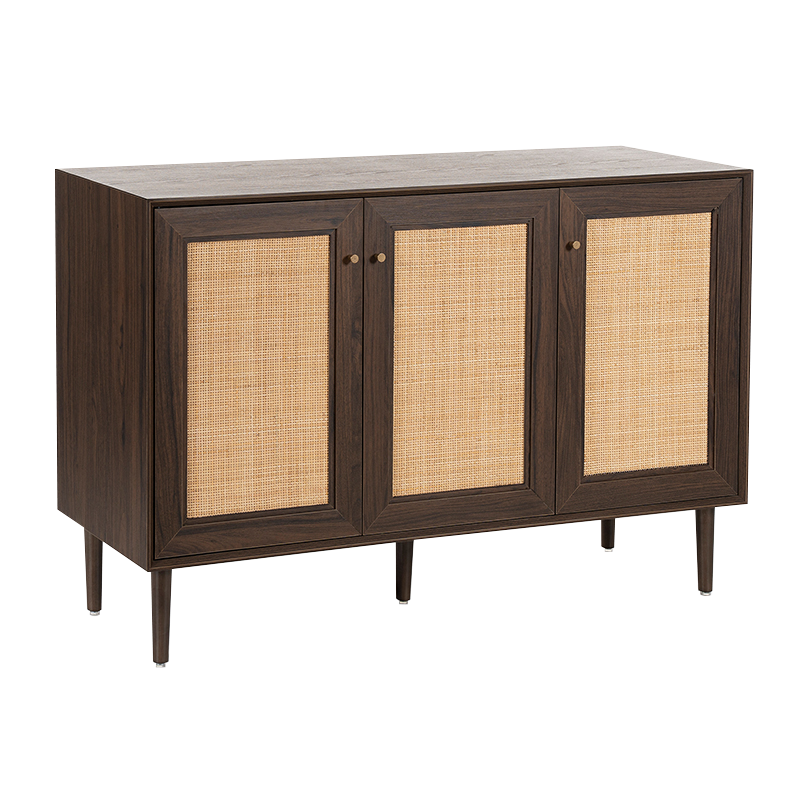 Kulay ng Walnut Wood Rattan Tatlong Pintuan Kusina Storage Cabinet(Y-C42)