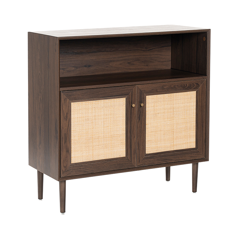 Walnut Color Rustic Two-Door Storage Cabinet na may Rattan Door(Y-C43)