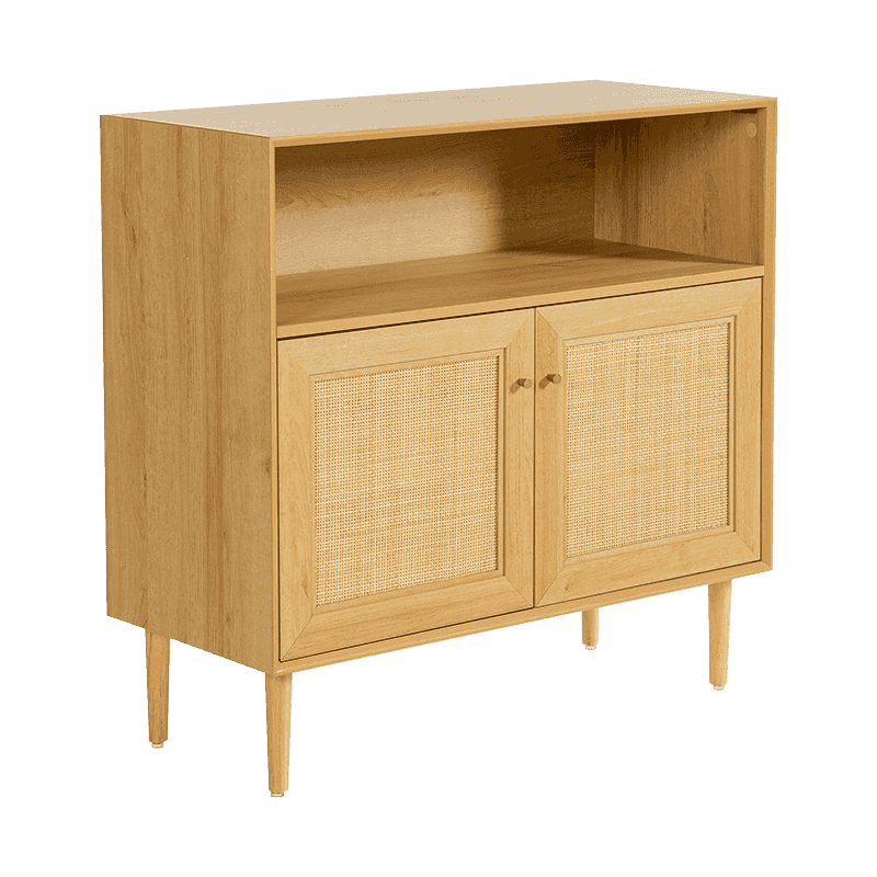 Wood Color Rustic Two-Door Storage Cabinet na may Rattan Door(Y-C43)