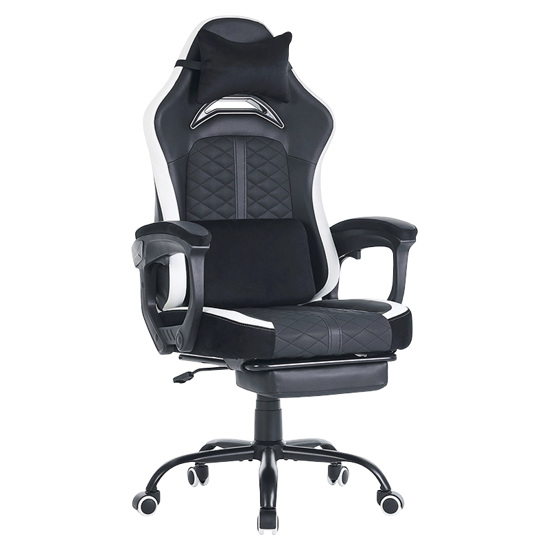 Modernong Leather Seat Cushion Black&White Revolving Home Computer Gaming Chair Mga E-sport Gaming Chair na may Linkage Armrests(T-7138)